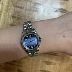 NEW Ottimo Ladies Round Blue Date Dial Water Proof Silver Linked Band